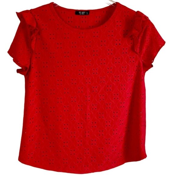 Ava James Red Short Sleeve Eyelet Top Ruffle Sleeves Women's Medium NEW - Picture 1 of 9